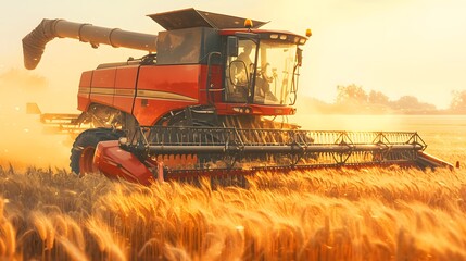 Fototapeta premium A red combine harvester working in a golden wheat field at sunset.