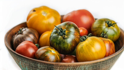 Bowl of heirloom tomatoes. Fresh and tasty harvest. Farm product. Delicious and ripe vegetable.