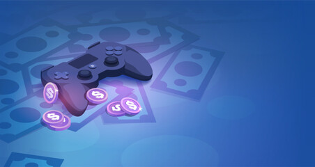 Big Money in Game Industry isometric concept. Game controller with stack of coins and banknotes on blue background.