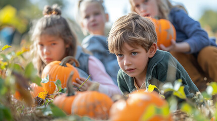 Fototapeta premium Kids in a Pumpkin Field Trip: Kids on a school field trip to a pumpkin farm, each picking out their favorite pumpkin to bring back to class, with copy space