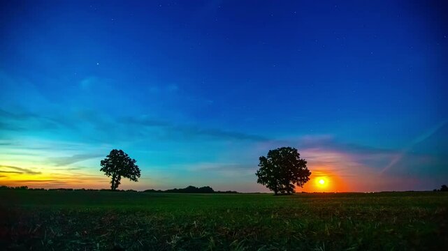 Sunrise sun time-lapse early morning start of the day in nature, grass field