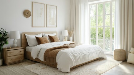 Spacious bedroom with queen-size bed, nightstands, and large windows, soft colors, bright and airy