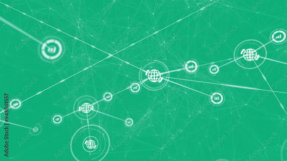 Poster animating network connections and data processing on green background