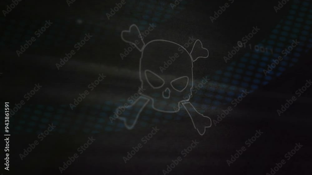 Poster skull and crossbones animation over dark digital background with binary code