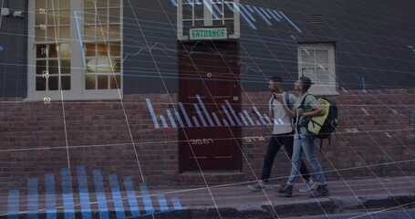 Walking on sidewalk, people passing by entrance over financial data animation - Powered by Adobe