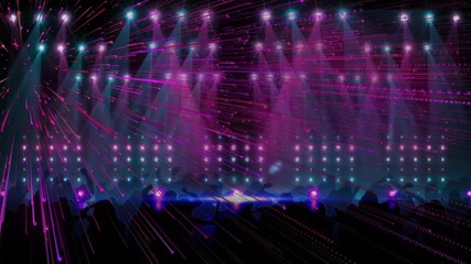 Colorful laser lights and spotlights animation over concert stage with audience