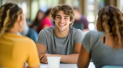 Cheerful young man smiles while sitting at a table with friends in a casual social setting, radiating friendliness and connection