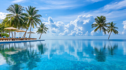 Outdoor swimming pool in luxury tropical beachfront resort. 