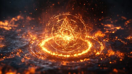 Fototapeta premium Magical fire rune with blazing symbols, ethereal fire aura, studio lighting, seamless white background, incredibly detailed