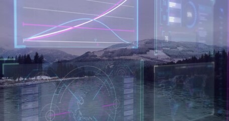 Graphs and data processing animation over snowy mountain landscape and lake - Powered by Adobe
