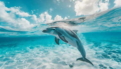 Fototapeta premium nice bottle nose dolphin swimming in blue crystal water