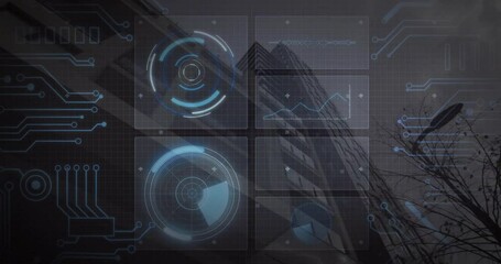 Digital interface with graphs and radar animation over skyscraper background - Powered by Adobe