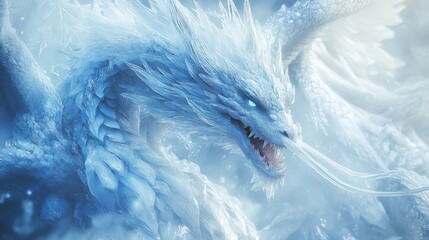 Obraz premium Magical glacial dragon with shimmering ice crystals, ethereal cold breath, studio lighting, seamless white background