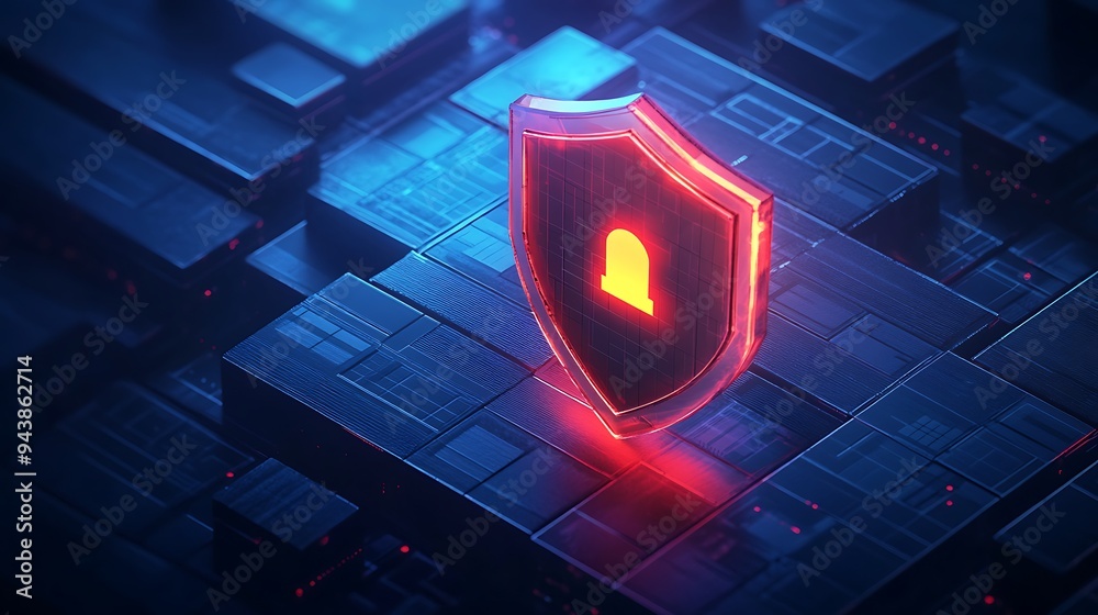 Poster glowing red shield with lock symbol over a digital circuit board, representing cybersecurity and dat