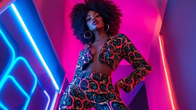 Afro woman radiates confidence in vibrant neon attire against an electrifying backdrop during a lively evening event