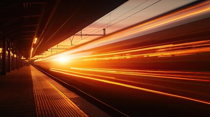 Obraz premium Train station at sunset with a high-speed train in motion, the warm colors of the sky blending with the train's sleek design.
