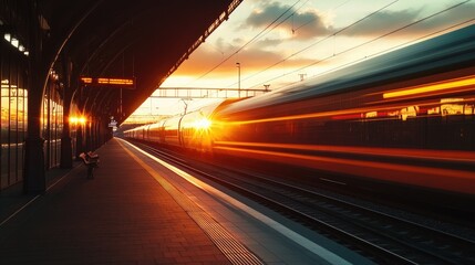 Obraz premium Train station at sunset with a high-speed train in motion, the warm colors of the sky blending with the train's sleek design.