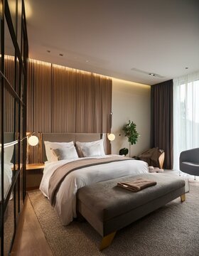 Stylish hotel bedroom interior with sofa and bed, glass partition. Mockup frame
