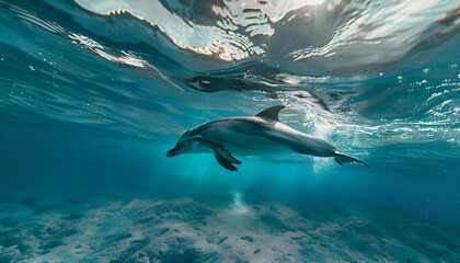 Fototapeta premium nice bottle nose dolphin swimming in blue crystal water
