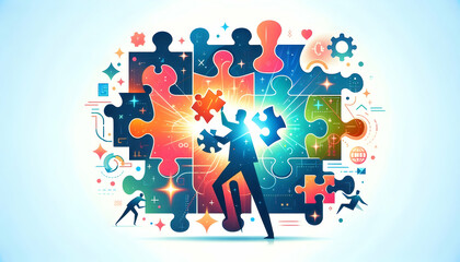 Flat Glowing abstract puzzle pieces forming a complete picture concept as A dynamic shot of glowing abstract puzzle pieces coming together to form a complete picture symbolizing problem solving and op