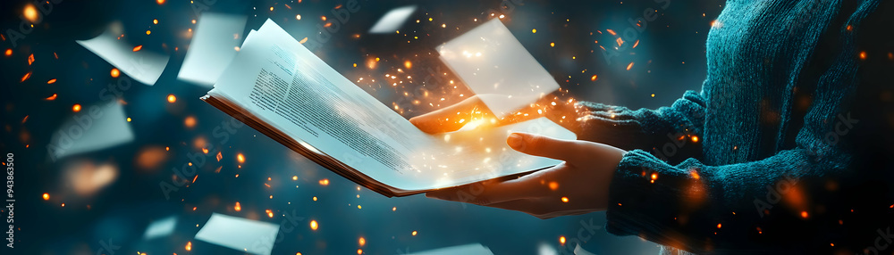 Aufkleber person with magic scroll and floating documents concept as a person holding a magic scroll with floa