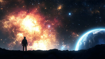 Fototapeta premium Astronaut stands on a dark rocky surface gazing out at a glowing blue planet in the night sky.