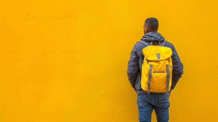 A man wearing a yellow backpack stands in front of a yellow wall