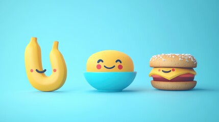 Delightful food icons showcase a smiling banana, bowl, and sandwich, creating a joyful atmosphere with vibrant colors