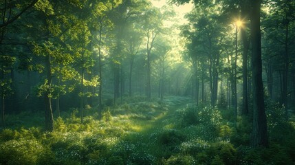 Obraz premium Sunrays in a Misty Forest