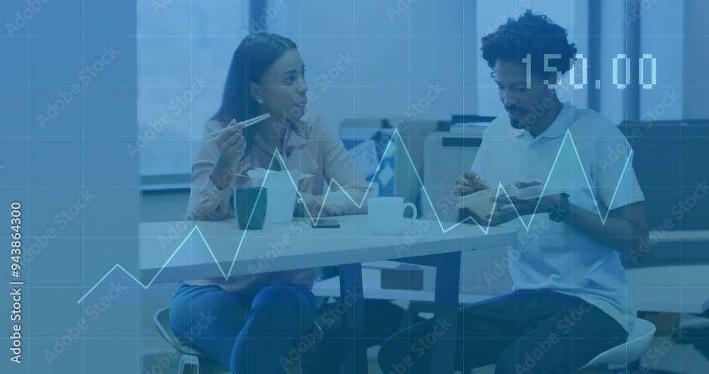 Wall mural Financial graph animation over diverse coworkers eating lunch in office