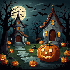 Vector clipart, Halloween story and cartoon style, characters and objects are drawn in a simplified, exaggerated, and colorful style, with bold outlines and playful shapes.
