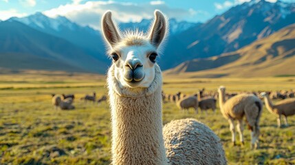Fototapeta premium Portrait of a llama standing in a field with mountains in the background
