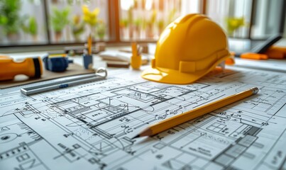 A detailed blueprint of an architectural project lies on a table, accompanied by a yellow safety helmet and a pencil, embodying the essence of design and construction in a bright workspace