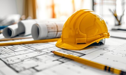 A detailed blueprint for an architectural project lays on the table, accompanied by a bright yellow helmet and a pencil, inviting imaginative design and construction ideas