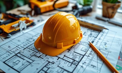 A detailed architectural blueprint is spread across a workspace, accompanied by a striking yellow helmet and pencil. This vibrant setup reflects the creative process in architecture