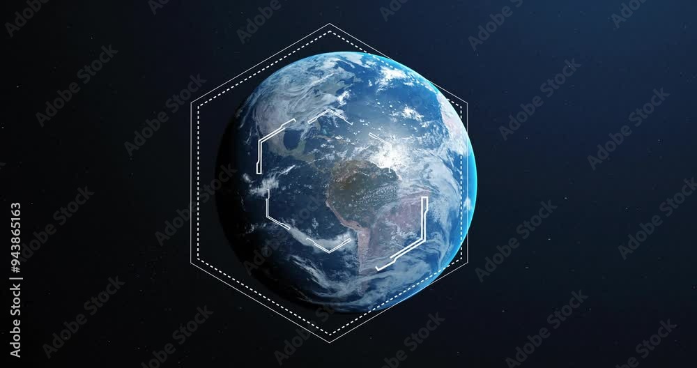Sticker rotating earth with digital interface animation in space background, technology concept