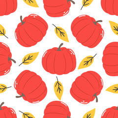 Red pumpkins and yellow leaves, vector seamles pattern of pumpkins and autumn leaves, isolated on white background.