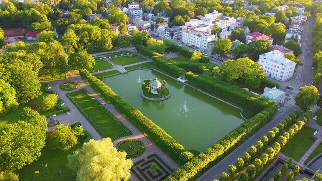 Pond in the Kadriorg Park Tallinn, Estonia, aerial view on sunny day