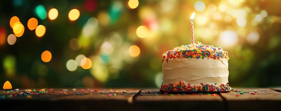 A festive birthday cake adorned with colorful sprinkles, set against a backdrop of warm, glowing lights, celebrating joy and happiness.
