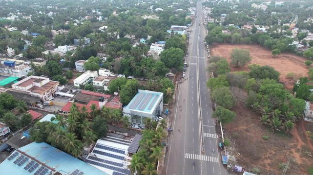 Early-morning aerial footage shows Tanjore's highway surrounded by open space and foliage, while the main state highway is seen completely devoid of cars.