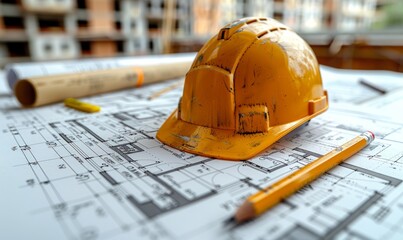 A detailed architectural project blueprint rests on a table alongside a bright yellow helmet and pencil, showcasing the meticulous planning involved in construction design