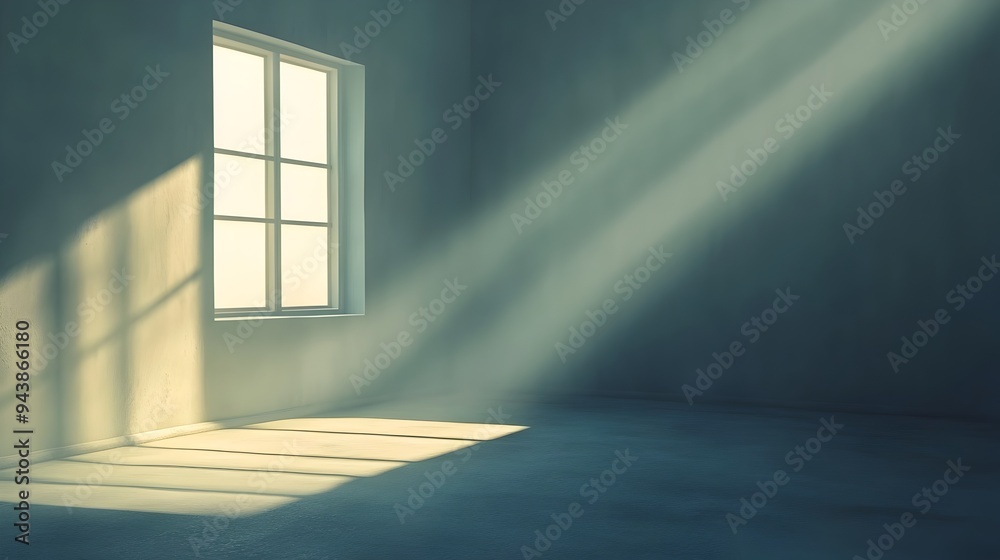 Poster lone window casting soft warm light into a tranquil minimalist empty space creating a calming serene