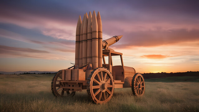 Professionally crafted 3D wooden model of rocket launch vehicle, with white background.