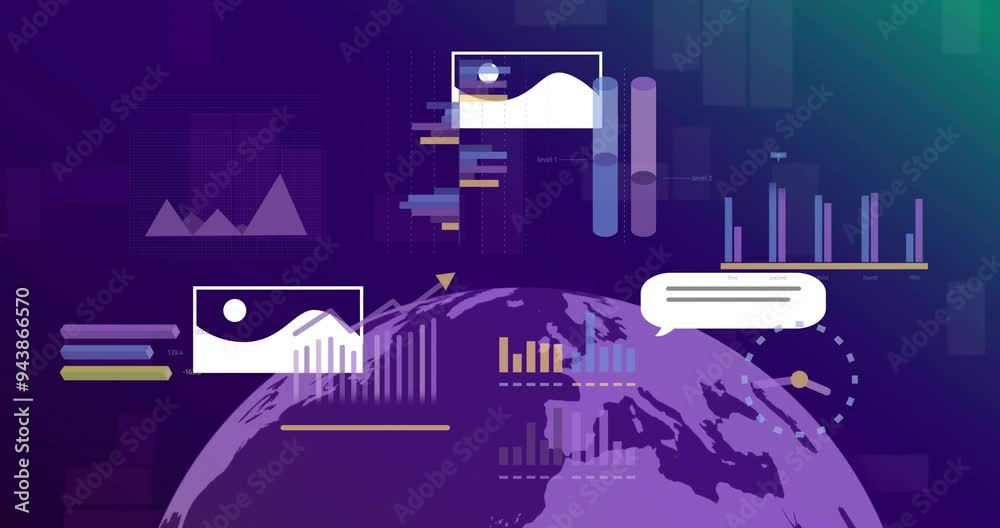 Poster Charts and graphs animation over globe with speech bubbles and data visualizations