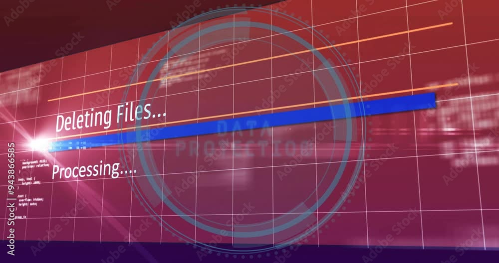 Poster deleting files and processing animation for data protection on red grid background