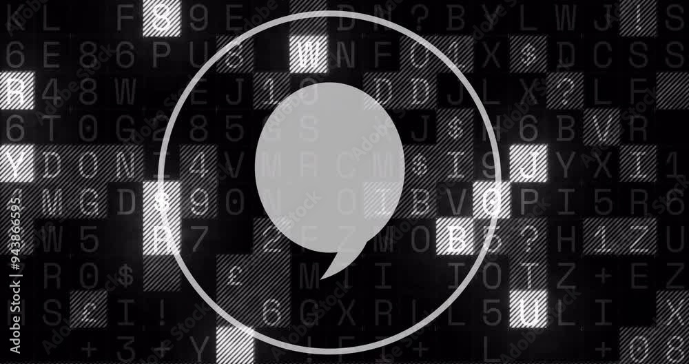 Poster speech bubble icon animation over black background with random letters and numbers