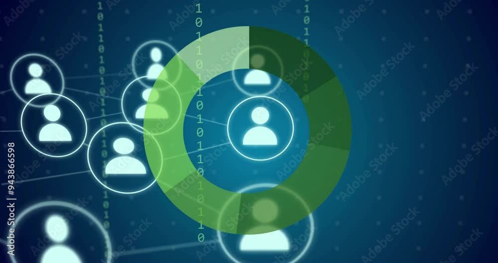 Poster network of user icons and binary code animation over blue background