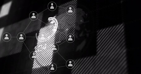 Network of connected user icons and data processing animation over globe