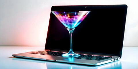 Laptop displaying holographic martini glass isolated on white with copy space concept as A laptop sits open on a white background with a holographic martini glass icon floating beside it. The camera c