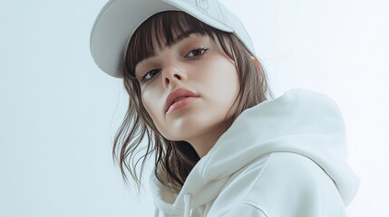 A confident woman in urban streetwear poses thoughtfully against a soft backdrop highlighting her casual style and effortless beauty